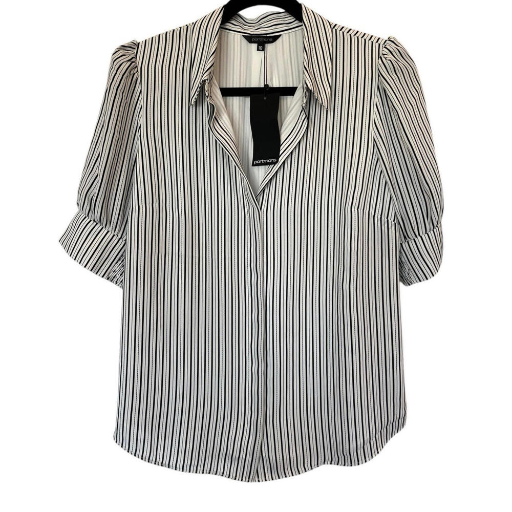 Portmans Button Up Blouse Womens Sz 10 NEW with tags Black Cream pinstripe
